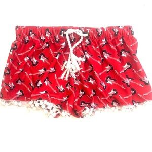 Hard Rock Cafe Red Guitar Print Rope Drawstring Pom-Pom Mini Shorts